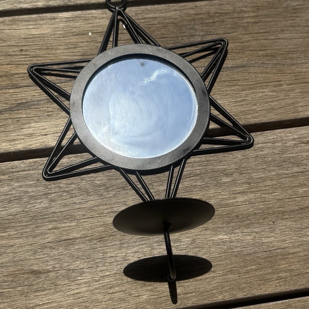 Rustic Black Metal Star Mirror Wall Sconce Farmhouse Candle Holder Celestial